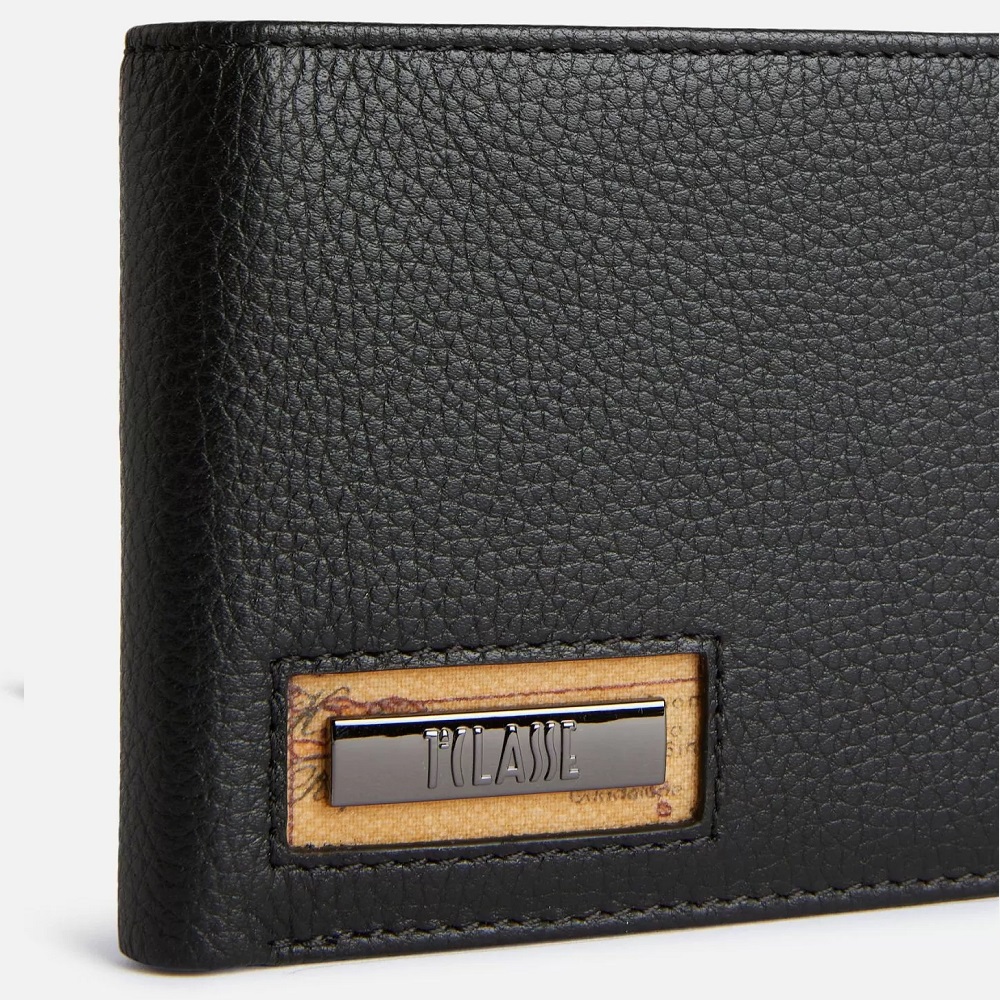 Alviero Martini 【 義大利地圖包】小牛皮男用4卡零錢袋短夾-黑色