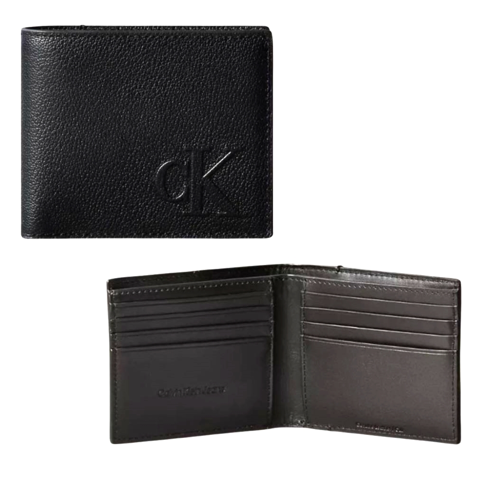 【Calvin Klein 】立體LOGO 8卡 荔枝皮短夾 禮盒組-帥氣黑