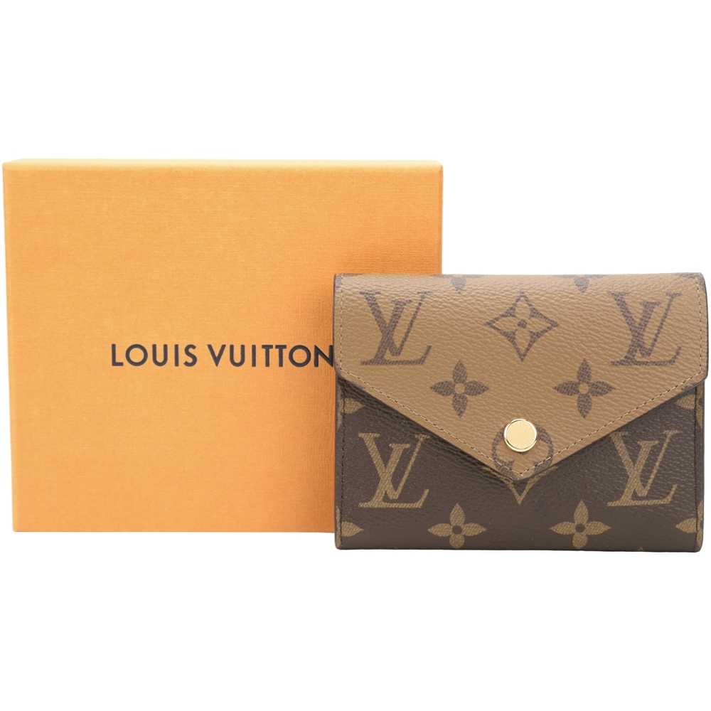 Louis Vuitton LV路易威登 M81557 Victorine 雙色老花帆布信封三折短夾(咖啡x駝色)