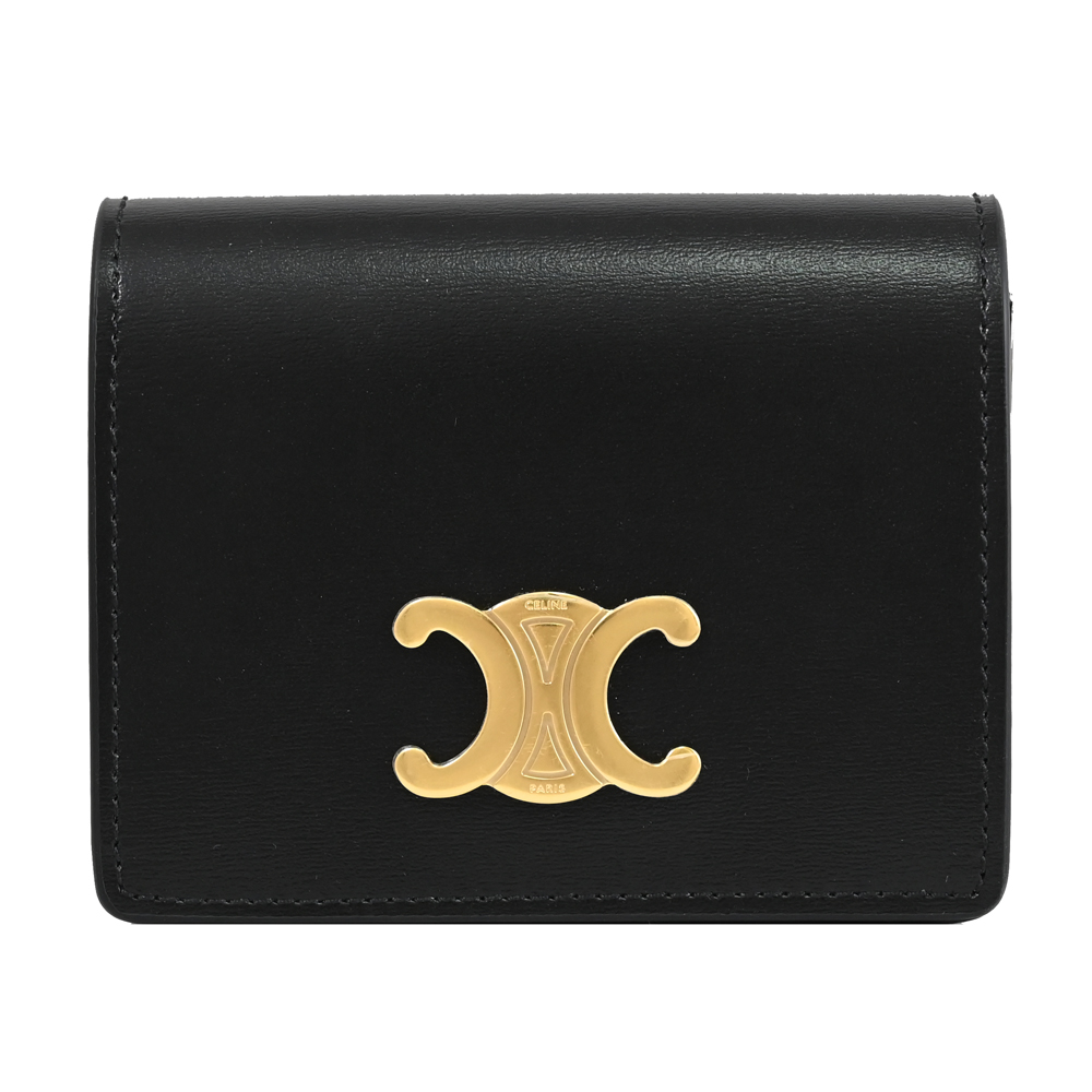 CELINE TRIOMPHE 金屬LOGO小牛皮釦式卡片零錢包.黑