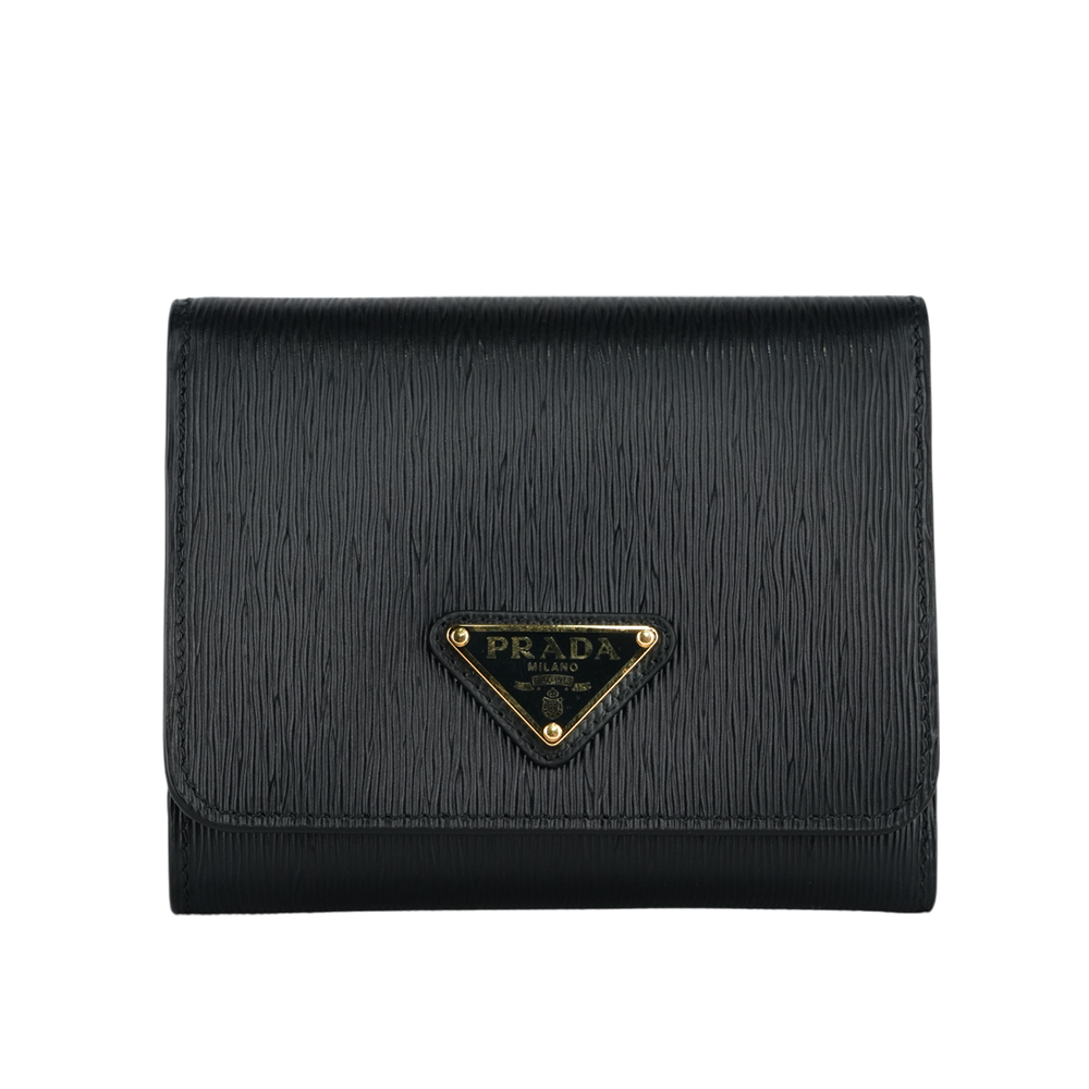 PRADA 三角牌Logo 水波紋皮革暗釦三折短夾(黑色) 1MH176 2DDU F0002
