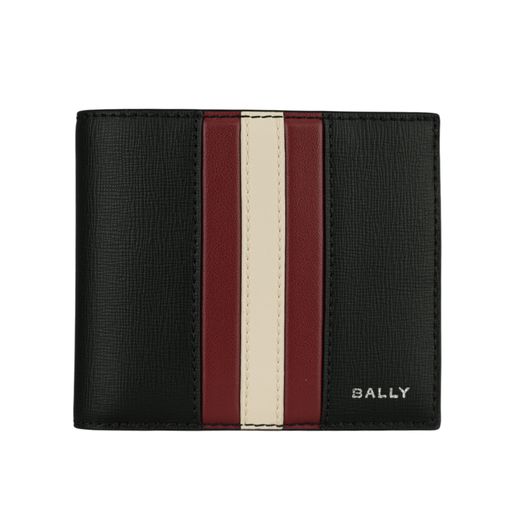 BALLY Mythos 紅白條紋再生牛皮對開8卡短夾(黑色) 6308573