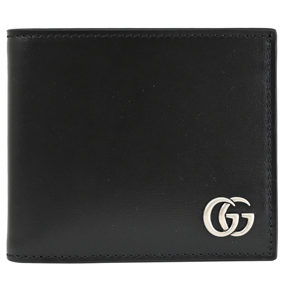 GUCCI 428726 GG Marmont 滑面皮革金屬LOGO八卡短夾.黑