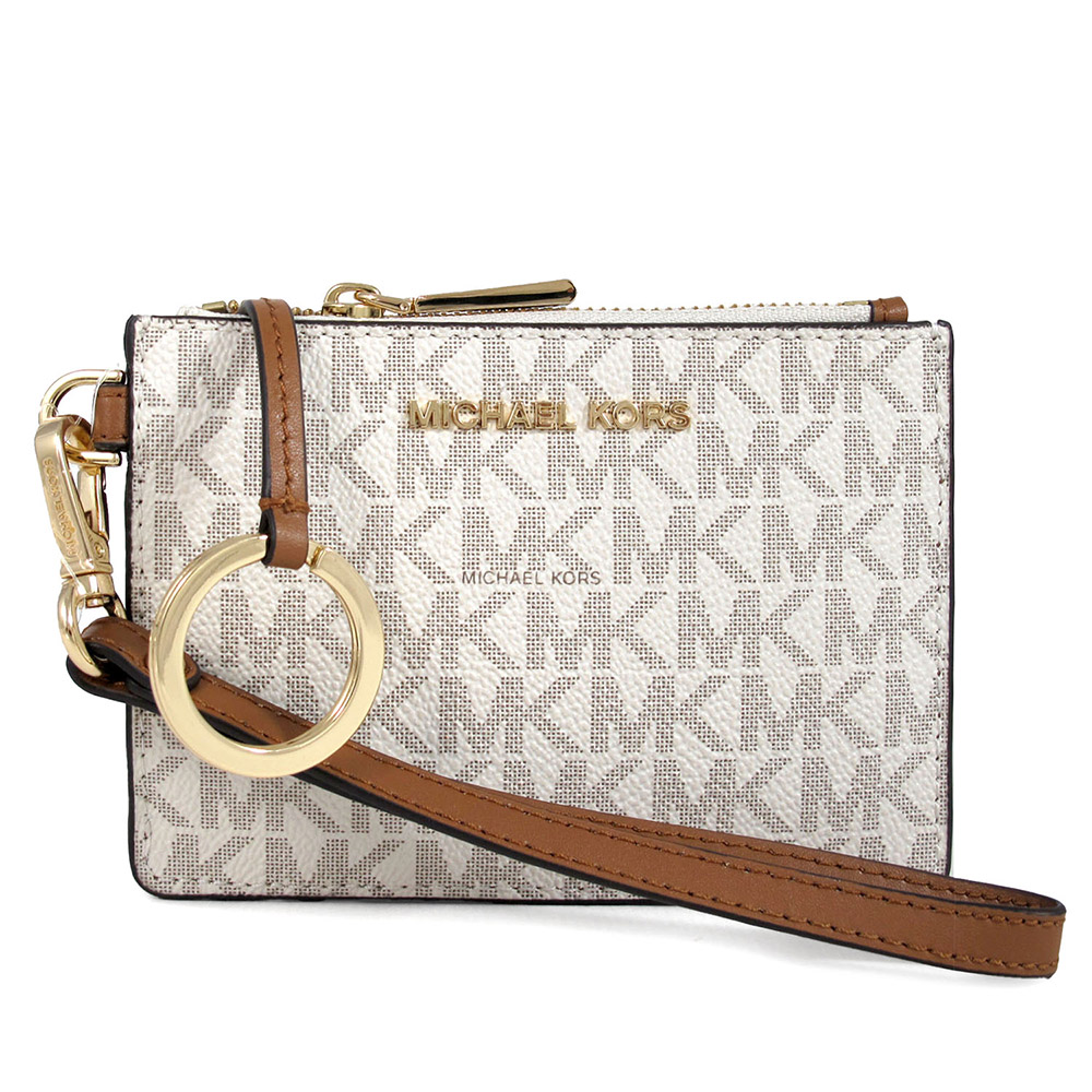 MICHAEL KORS JET SET 金字LOGO香草白棕色防刮滿版手掛式多層卡片零錢小物包
