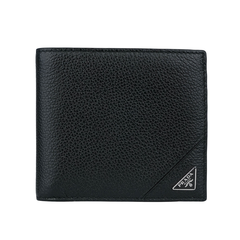 PRADA 銀字三角牌Logo 粒紋皮革對開多卡層短夾(黑色) 2MO100 2CB2 F0002