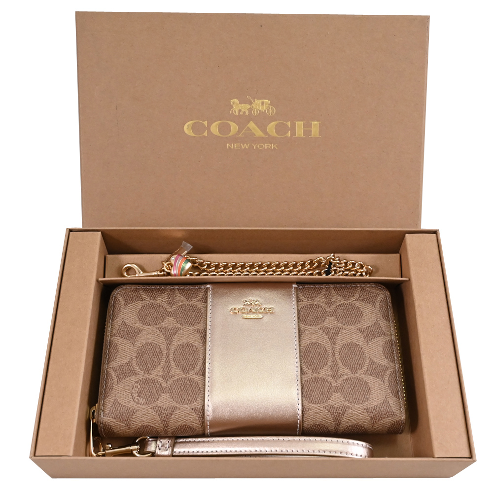 COACH CX178 印花LOGO可替換手提拉鍊長夾禮盒組.駝/金
