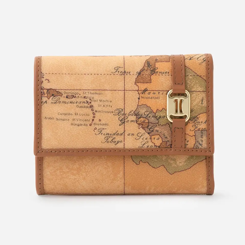 Alviero Martini 【 義大利地圖包】釦式6卡零錢袋短夾-地圖黃