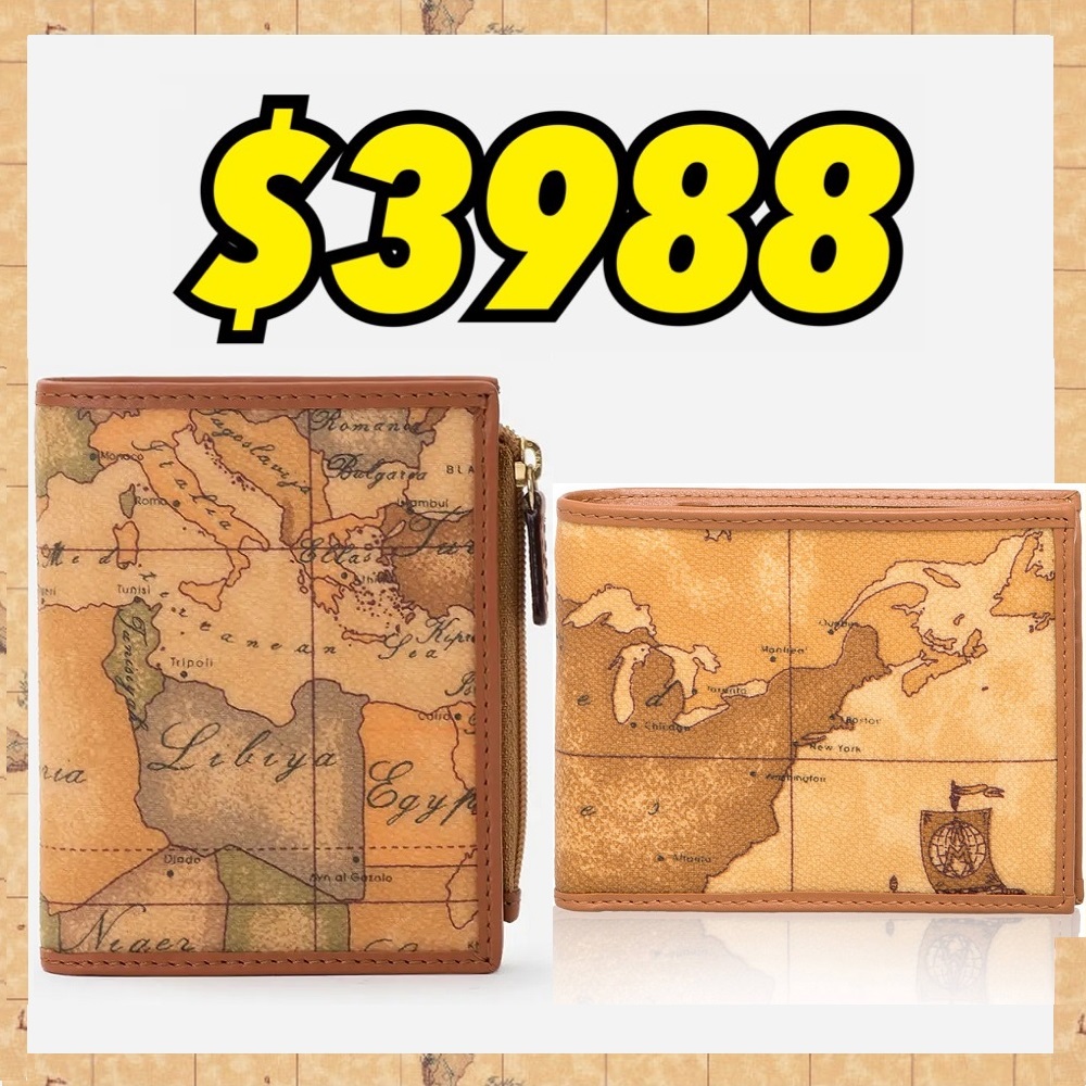 Alviero Martini 【 義大利地圖包】精選男用6卡照片短夾-地圖黃 兩款任選