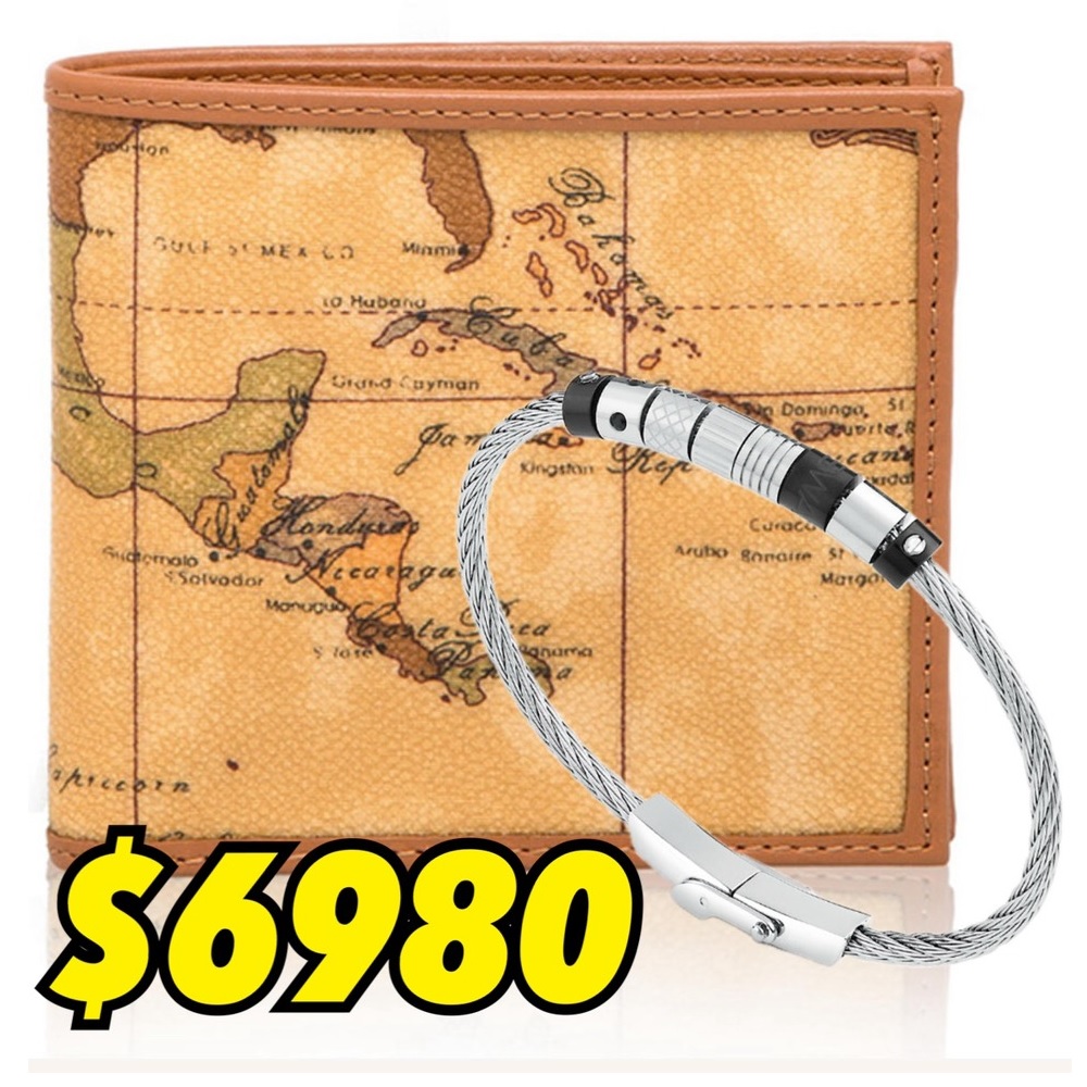 Alviero Martini 【 義大利地圖包】4卡零錢袋短夾 皮夾-地圖黃+ Brosway 不鏽鋼水鑽手環