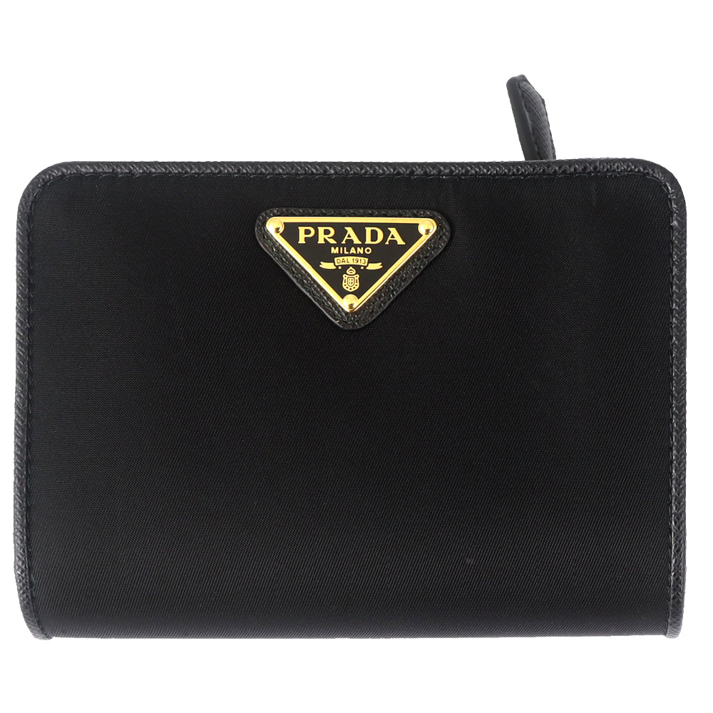PRADA 普拉達 三角標黑尼龍皮飾邊翻蓋押扣短夾-拉鍊袋