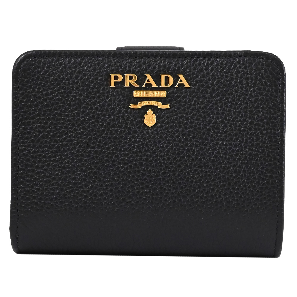 PRADA 普拉達 浮雕LOGO荔枝牛皮扣式中夾.黑