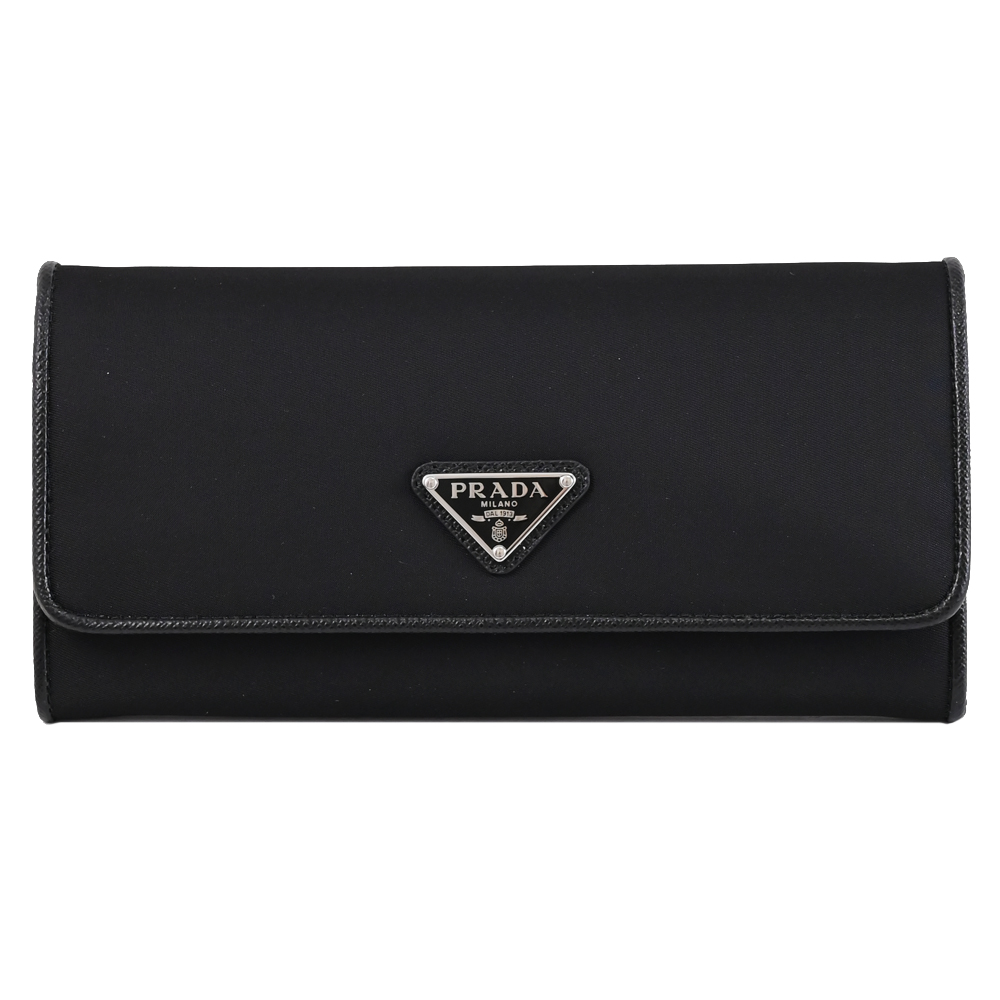PRADA 普拉達 三角LOGO尼龍皮飾翻蓋雙扣式長夾.黑