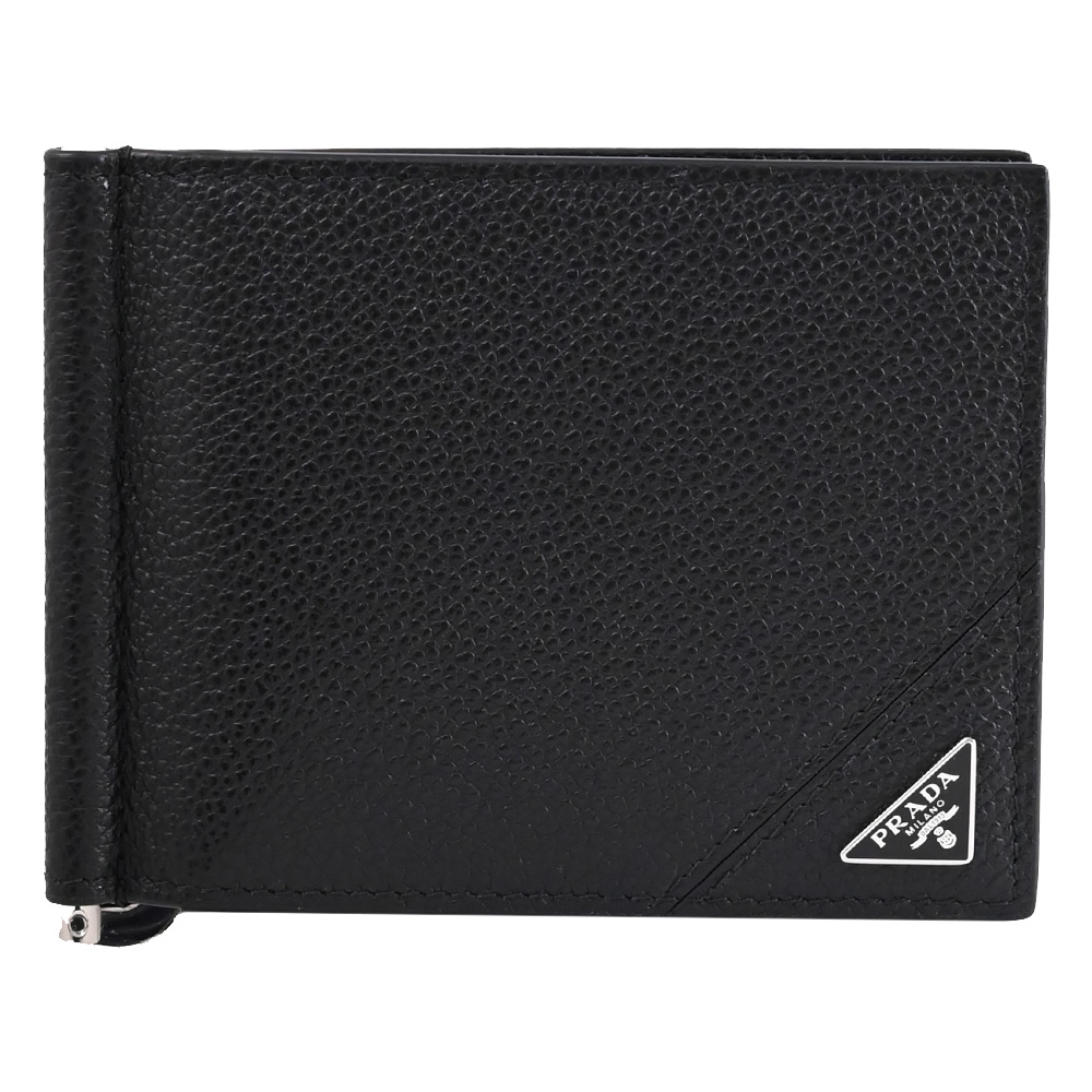 PRADA 普拉達 三角LOGO荔枝牛皮對折6卡短夾.黑