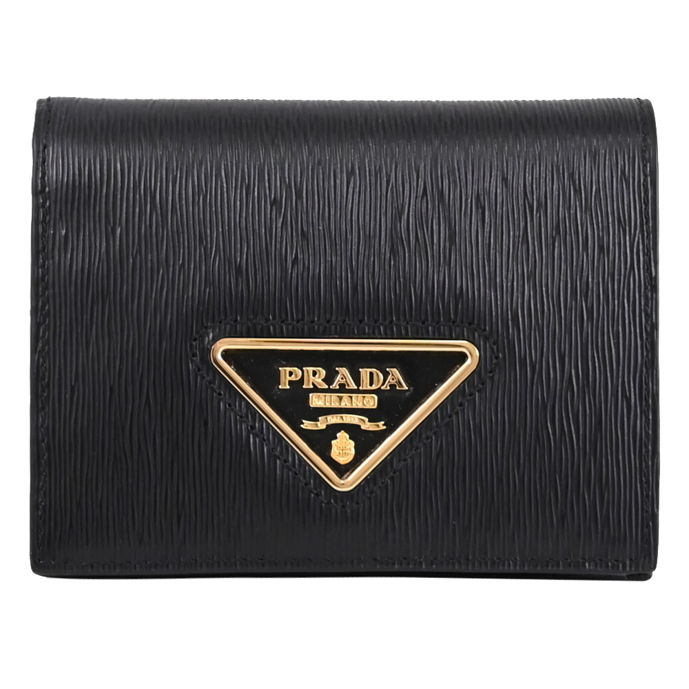 PRADA 普拉達 金屬三角標誌水波紋對開零錢短夾.黑