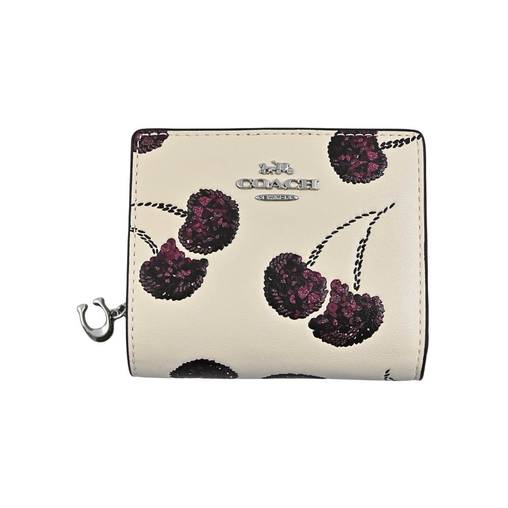 COACH仿刺繡櫻桃皮雕亮粉燙印白堊色皮革C字拉鍊袋釦式雙摺短夾