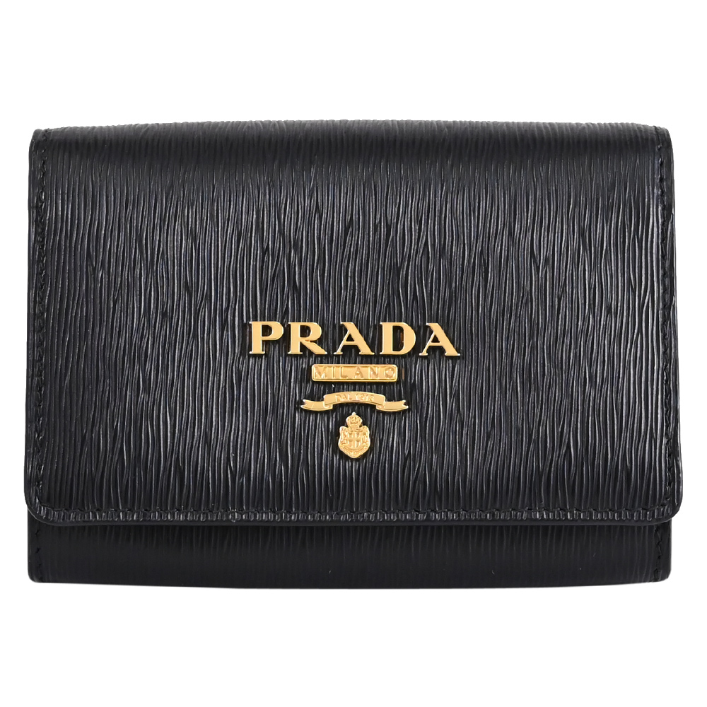 PRADA 普拉達 浮雕LOGO水波紋皮革扣式零錢卡包.黑