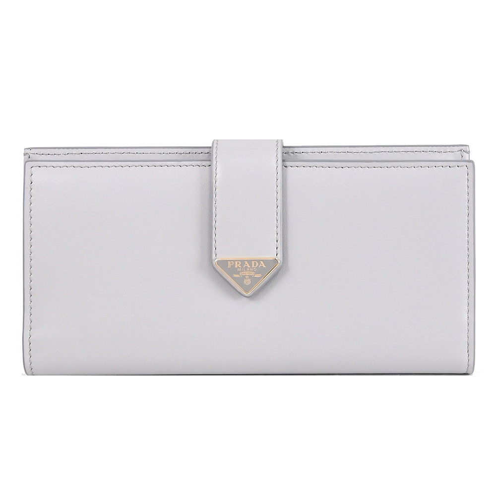 PRADA 普拉達 經典三角LOGO金屬扣式零錢長夾.淺灰藍