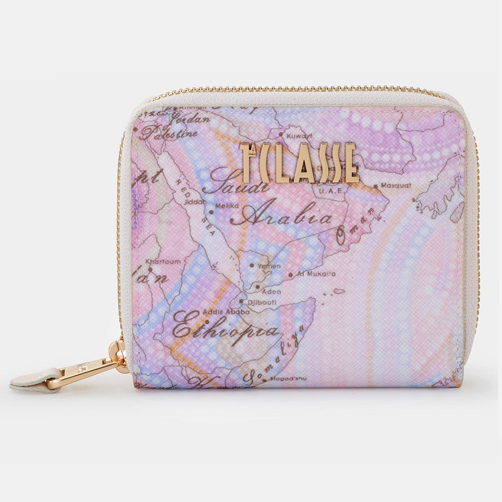Alviero Martini 【 義大利地圖包】螺旋雲彩 ㄇ字拉鍊5卡零錢袋短夾 -柔粉紫色