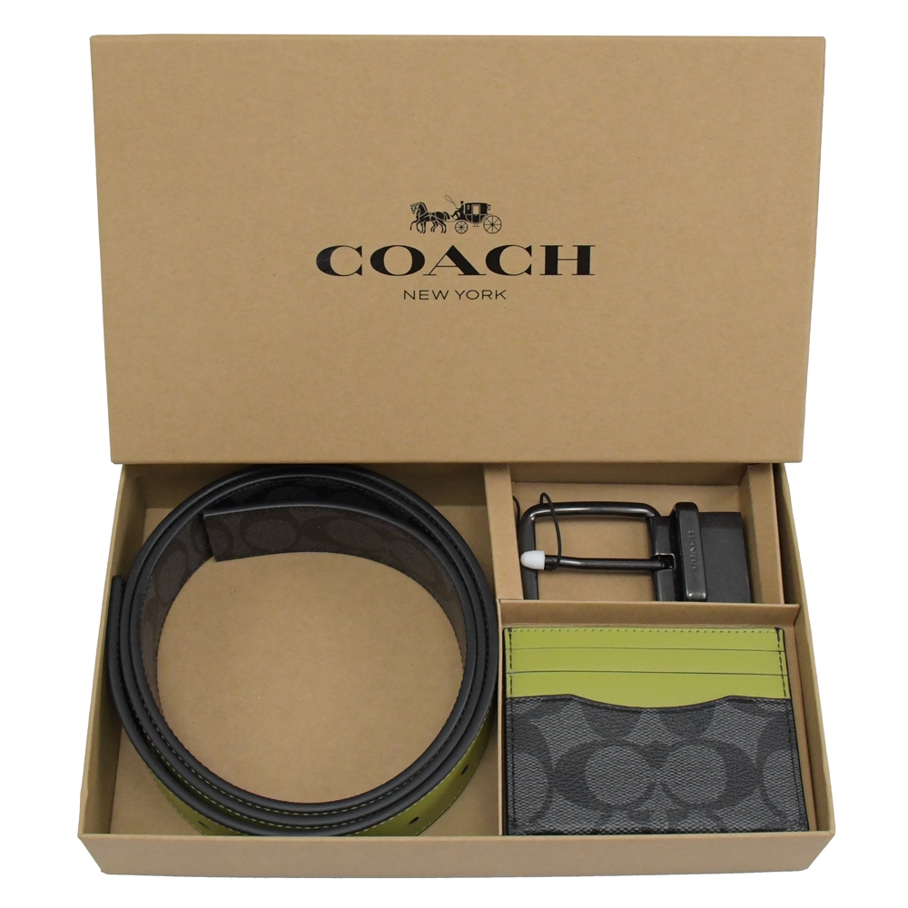 COACH C8278 質感PVC雙面皮帶卡夾禮盒組.黑灰/綠