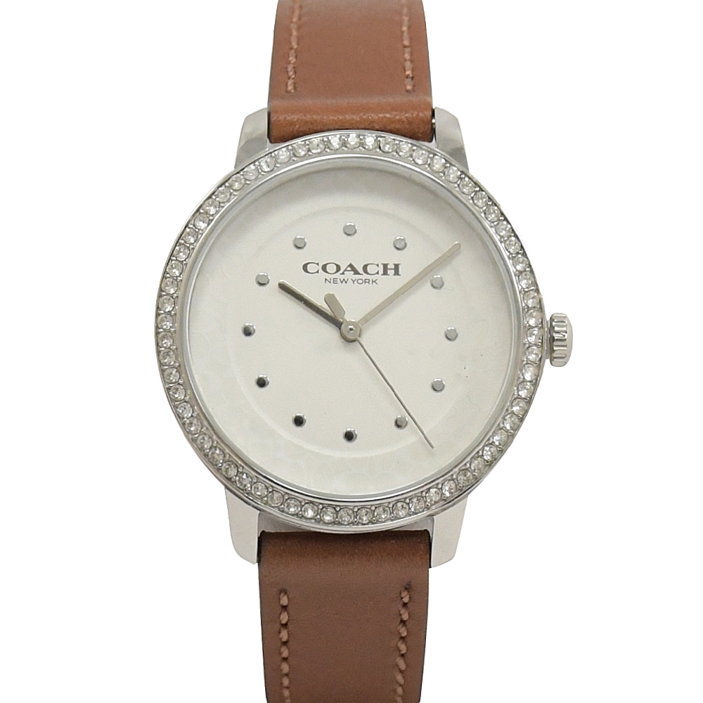 COACH C6526 經典LOGO印花水鑽邊框石英腕錶.咖/銀