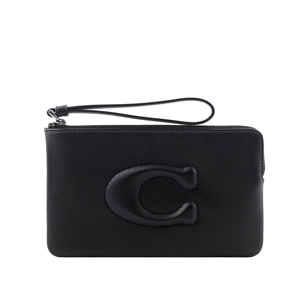 COACH C Logo 銀釦縫線標誌平滑皮革大款手拿包(黑色) CR392 SVBK