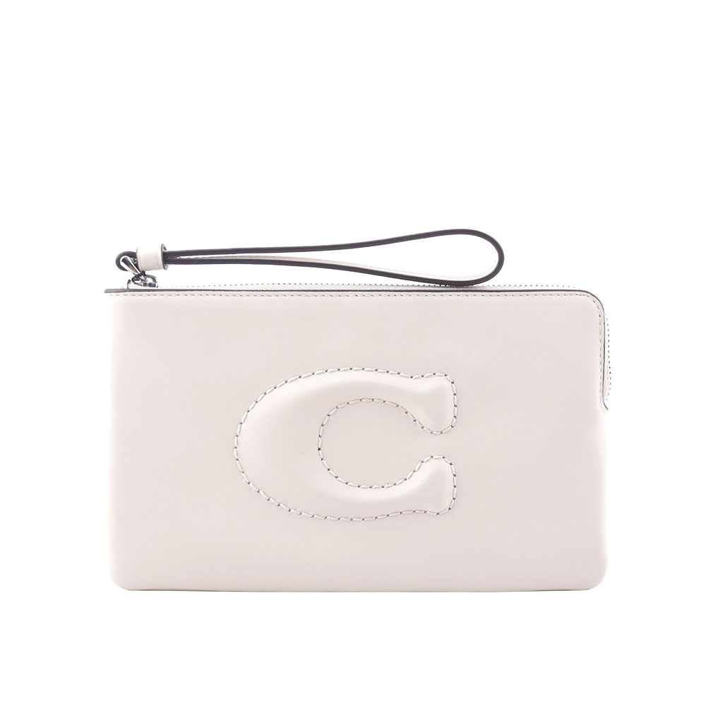 COACH C Logo 銀釦縫線標誌平滑皮革大款手拿包(白色) CR392 SVHA