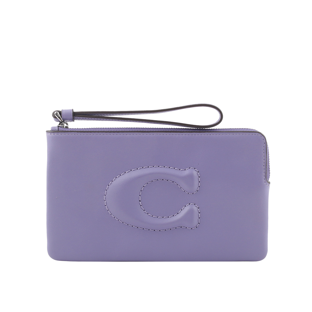 COACH C Logo 銀釦縫線標誌平滑皮革大款手拿包(紫羅蘭) CR392 SVIZ