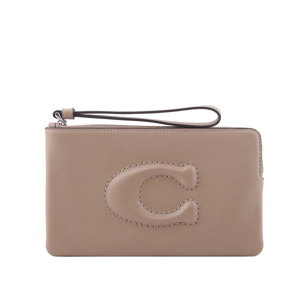 COACH C Logo 銀釦縫線標誌平滑皮革大款手拿包(奶茶色) CR392 SVTP