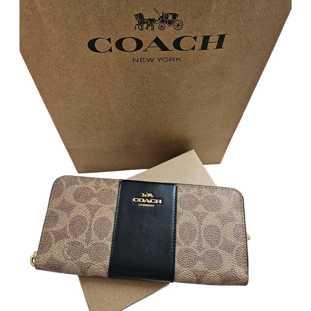 COACH Signature 經典塗層帆布牛皮拉鍊長夾 專櫃款禮盒組 黑色