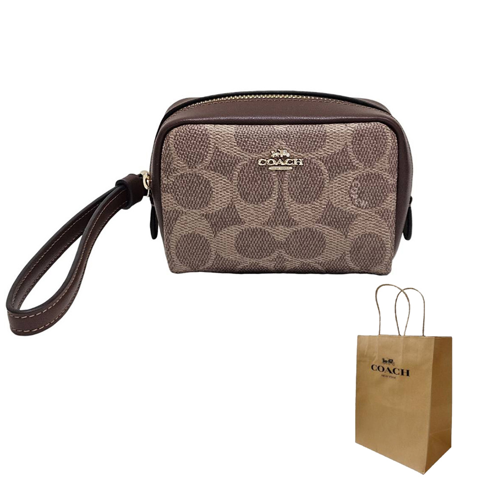 【COACH】新款 經典Logo手掛式零錢包手拿包 手腕包(咖啡老花/贈原廠紙袋)