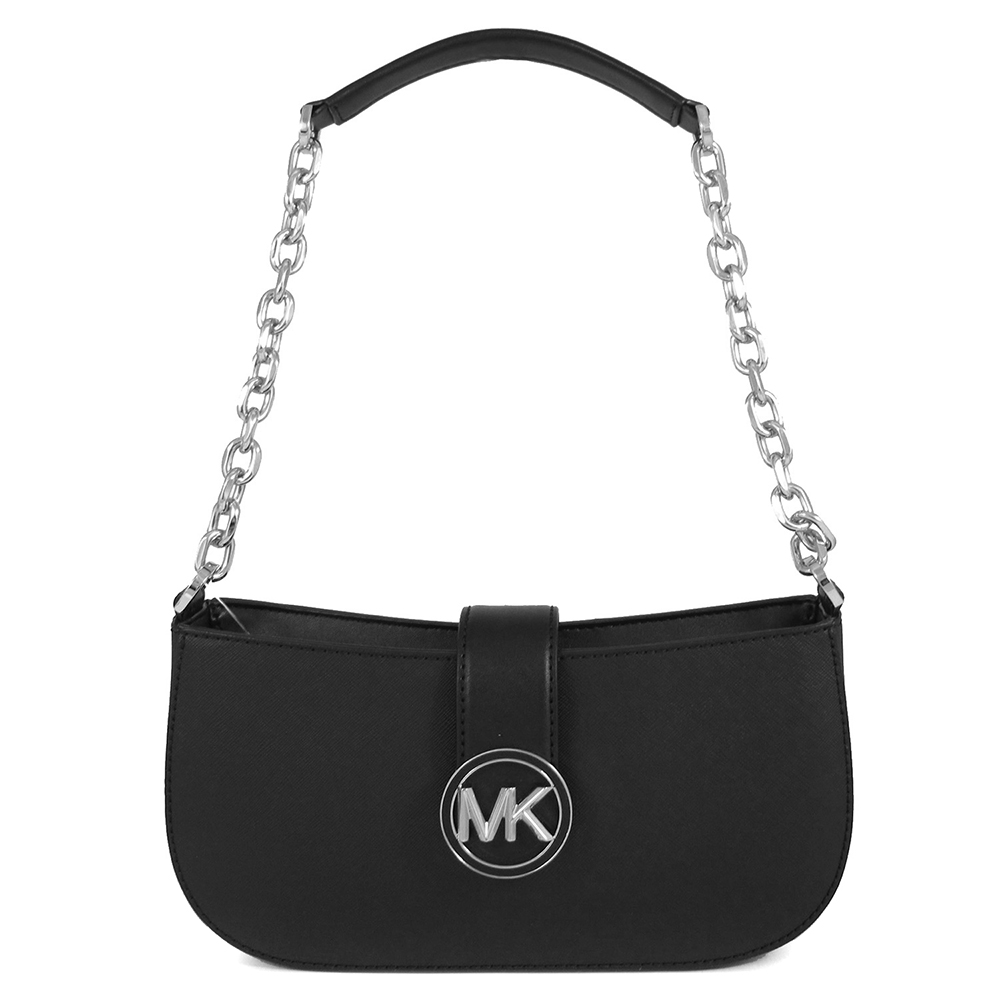 MICHAEL KORS CARMEN 銀字大圓標Logo黑色防刮銀鏈肩背包