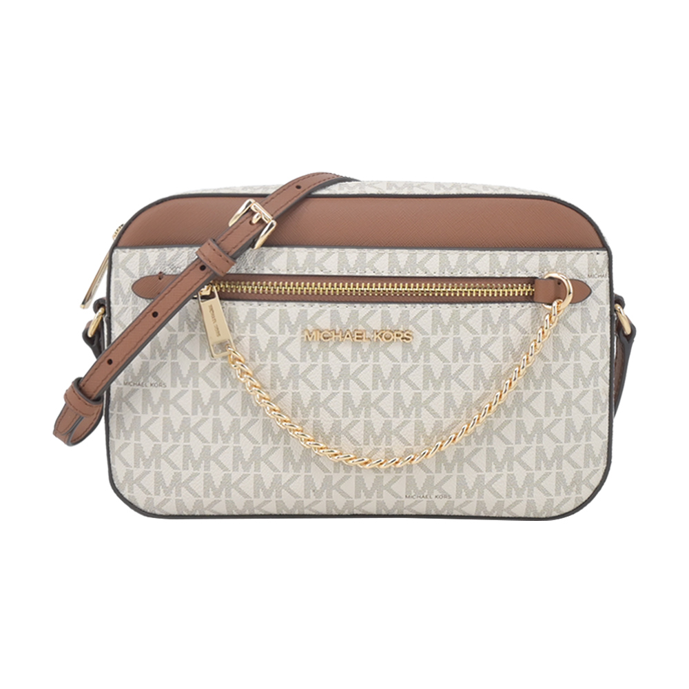 MICHAEL KORS MK掛鍊滿版斜背相機包-大/米白