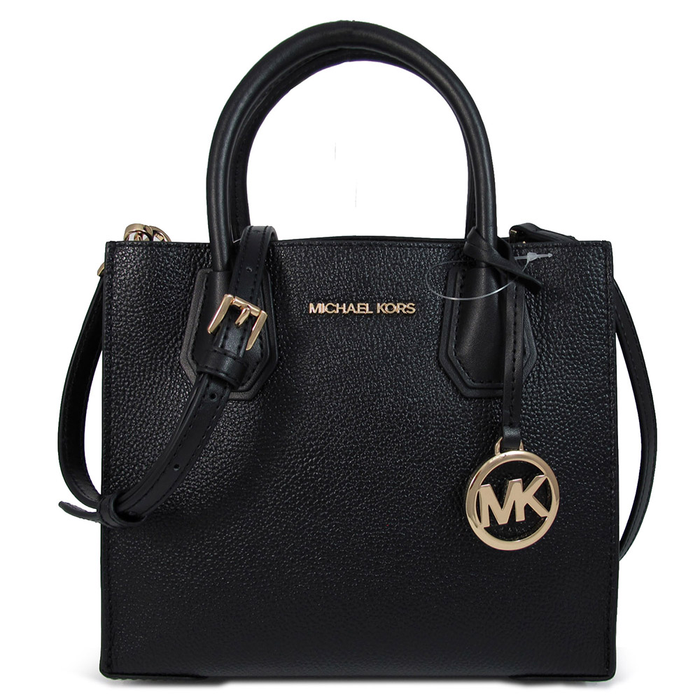 MICHAEL KORS MERCER 金色Logo黑色鵝卵石紋皮革三層兩用包