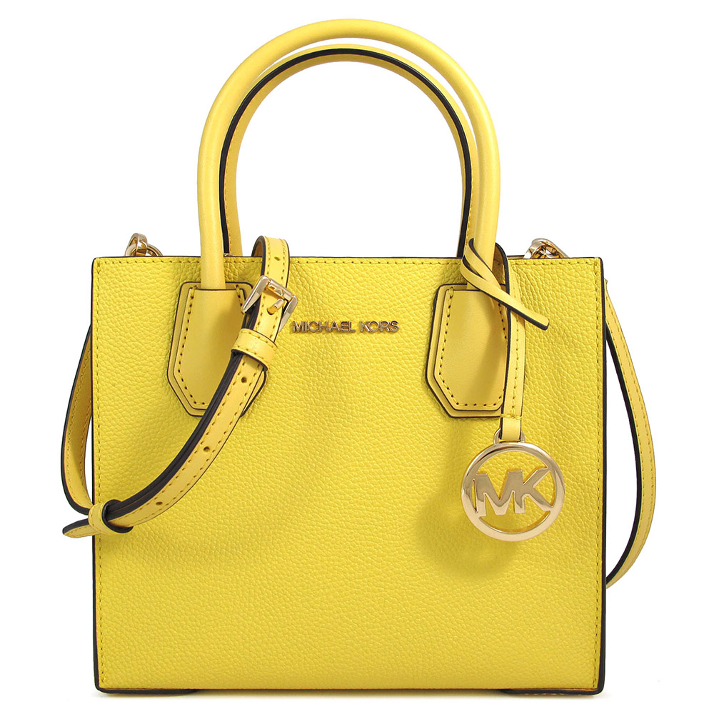 MICHAEL KORS MERCER 金色Logo水仙黃色鵝卵石紋皮革三層兩用包