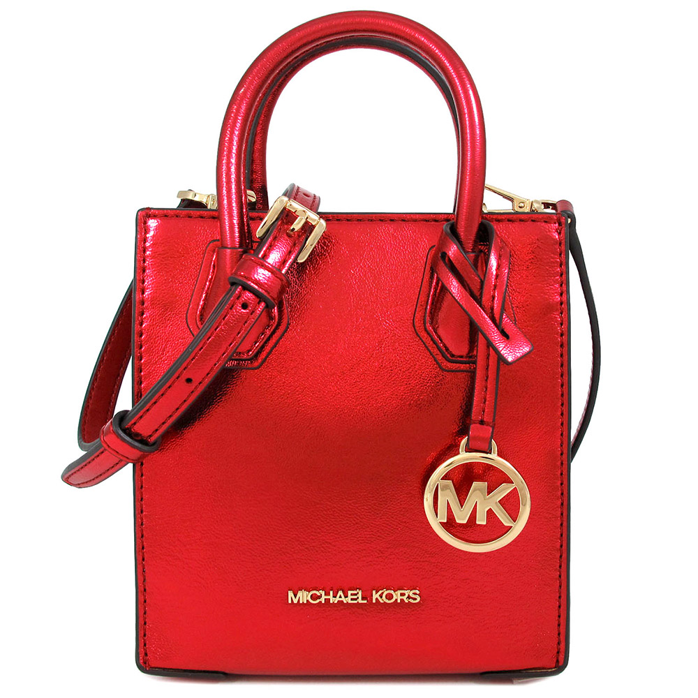 MICHAEL KORS MERCER 金字LOGO緋紅色素面迷你兩用包