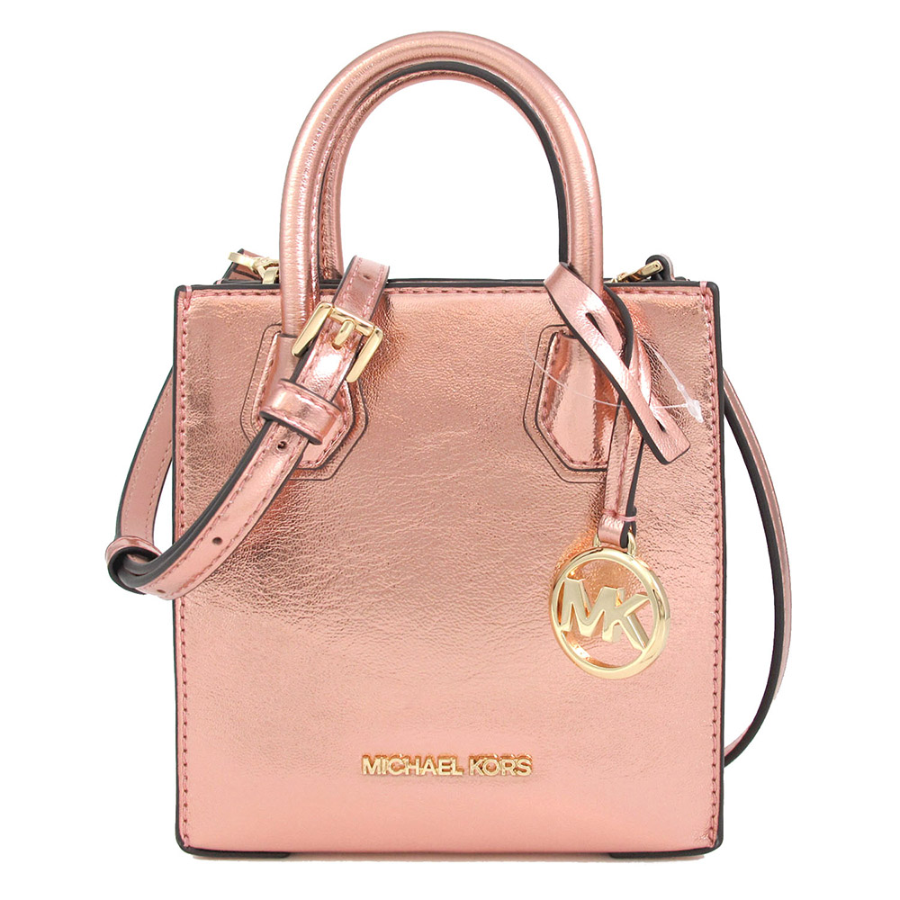 MICHAEL KORS MERCER 金字LOGO粉金色素面迷你兩用包