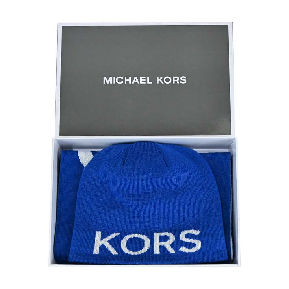 MICHAEL KORS MK簡寫LOGO配色針織毛帽/圍巾禮盒-藍
