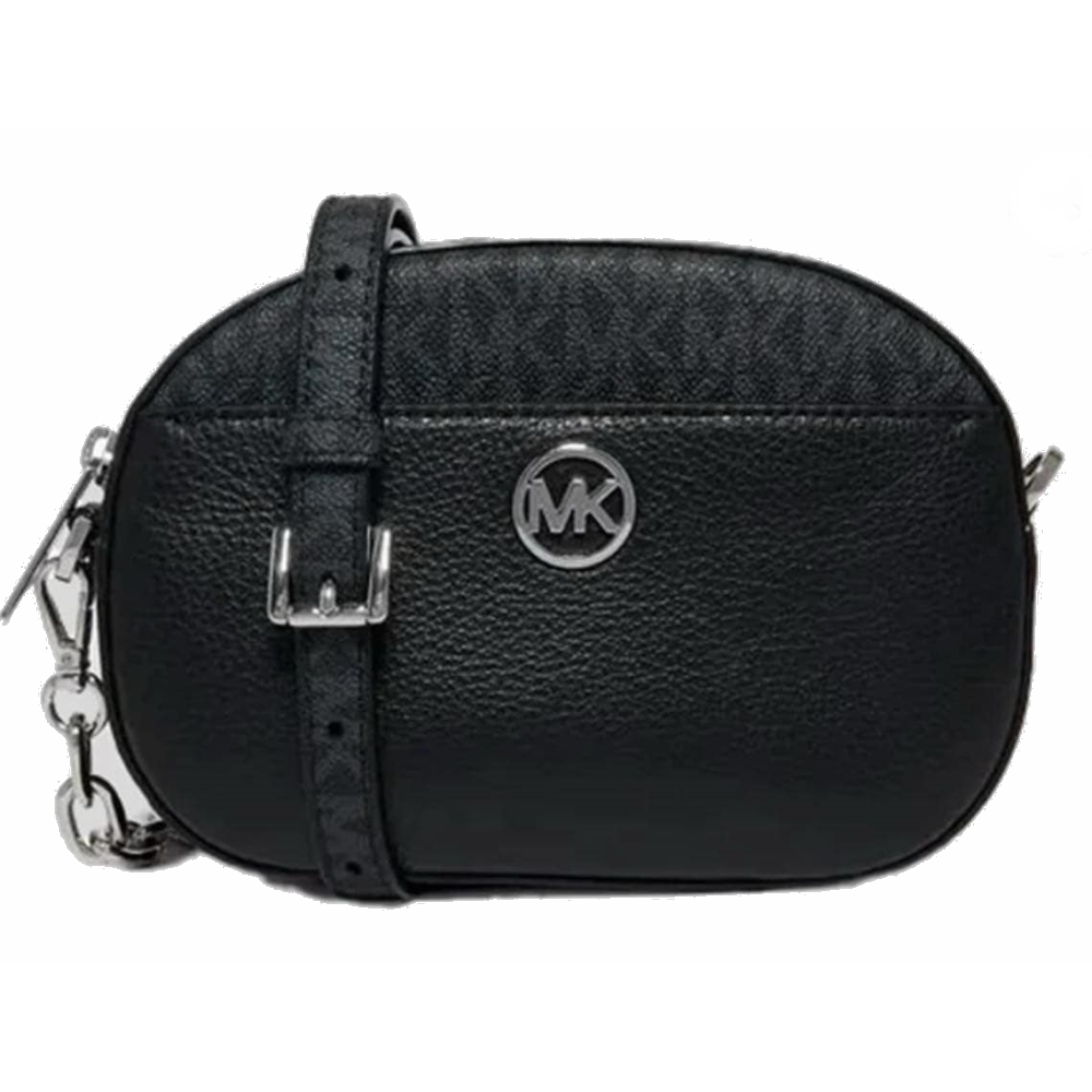 【Michael Kors】GLAM 銀圓LOGO拼接相機包 斜揹包-優雅黑