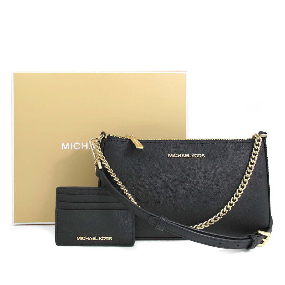 MICHAEL KORS JET SET TRAVEL 金字Logo黑色防刮斜揹包+卡夾禮盒組