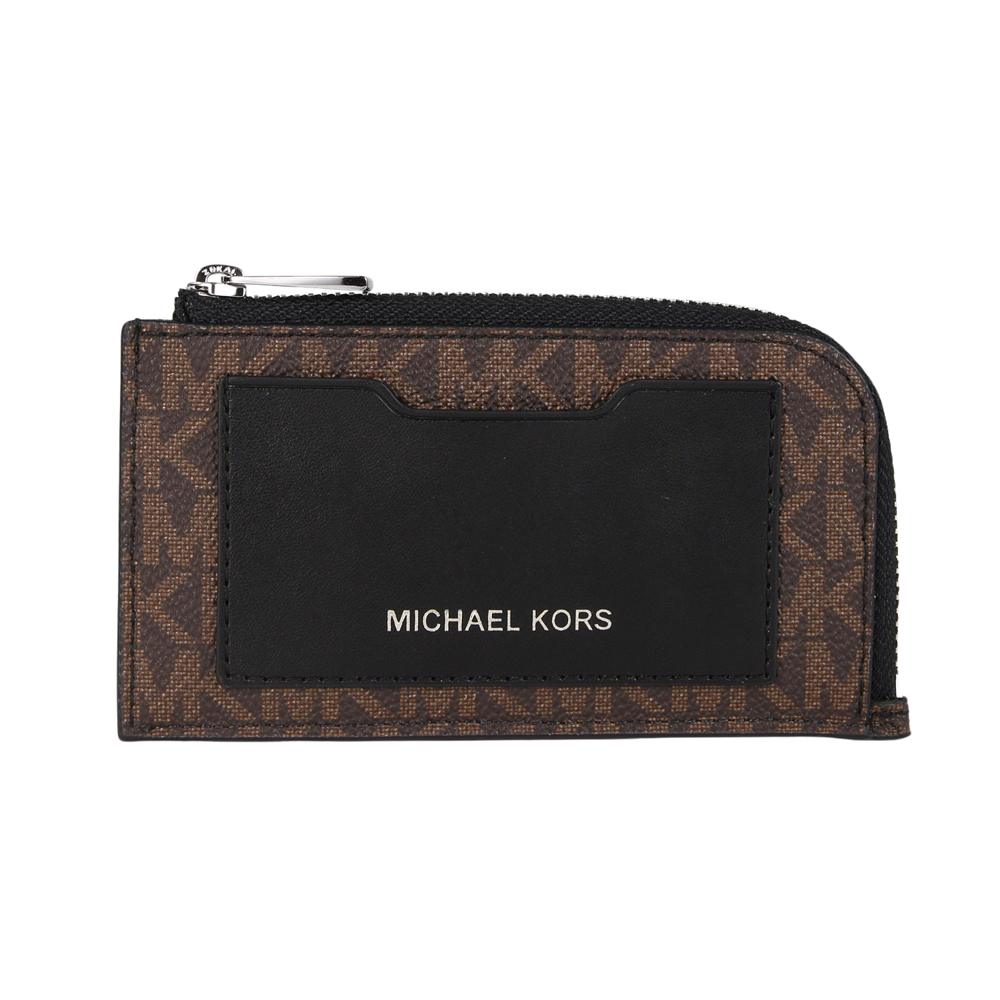 Michael Kors Gifting 滿版MK拼接皮革L型拉鍊卡夾零錢包(咖啡黑)