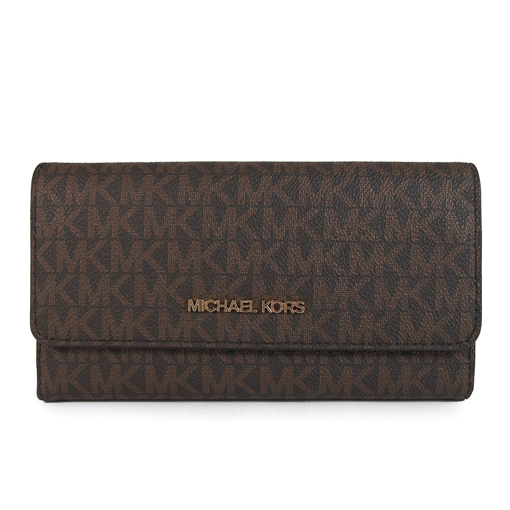 MICHAEL KORS JET SET TRAVEL 金字Logo咖啡X馬鞍棕色滿版MK防刮三折式長夾