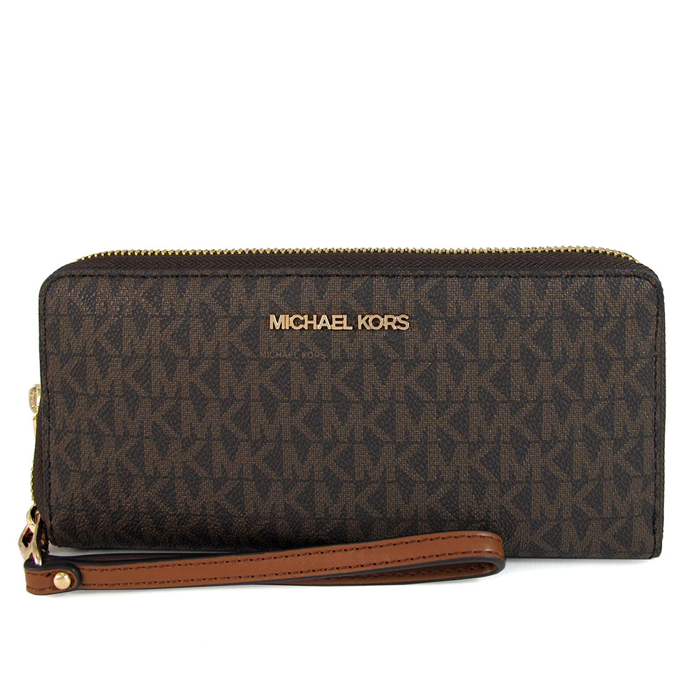 MICHAEL KORS JET SET TRAVEL 金字LOGO滿版MK咖啡色手提式長夾