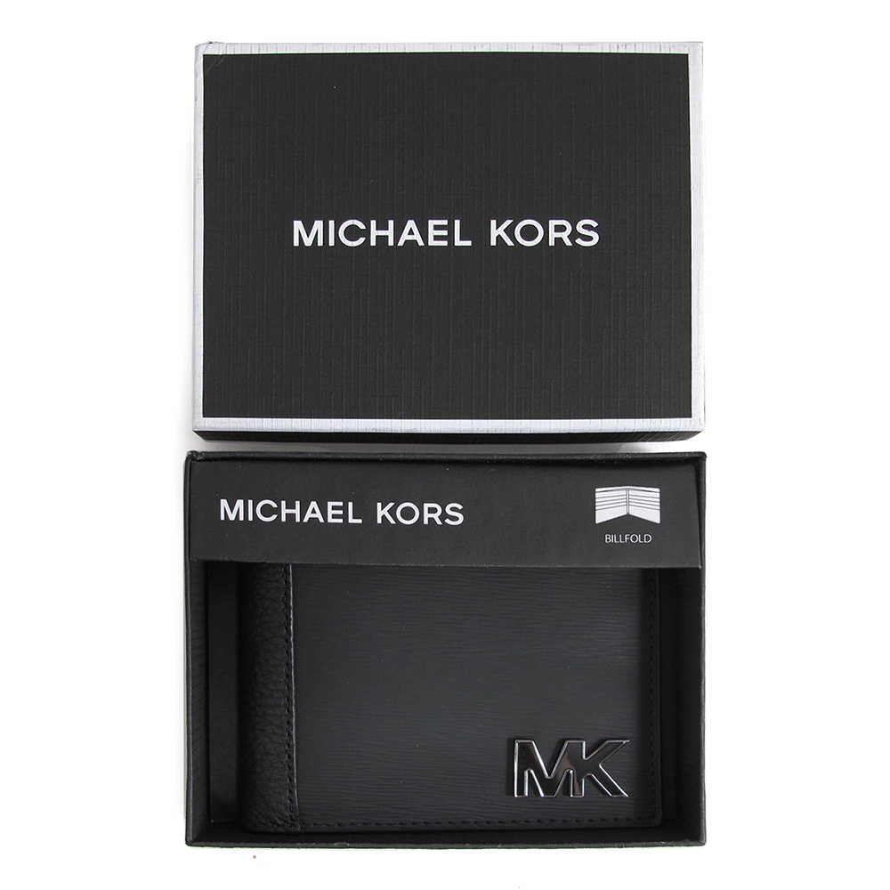 MICHAEL KORS HUDSON 立體LOGO黑色水波紋皮革對開式短夾禮盒