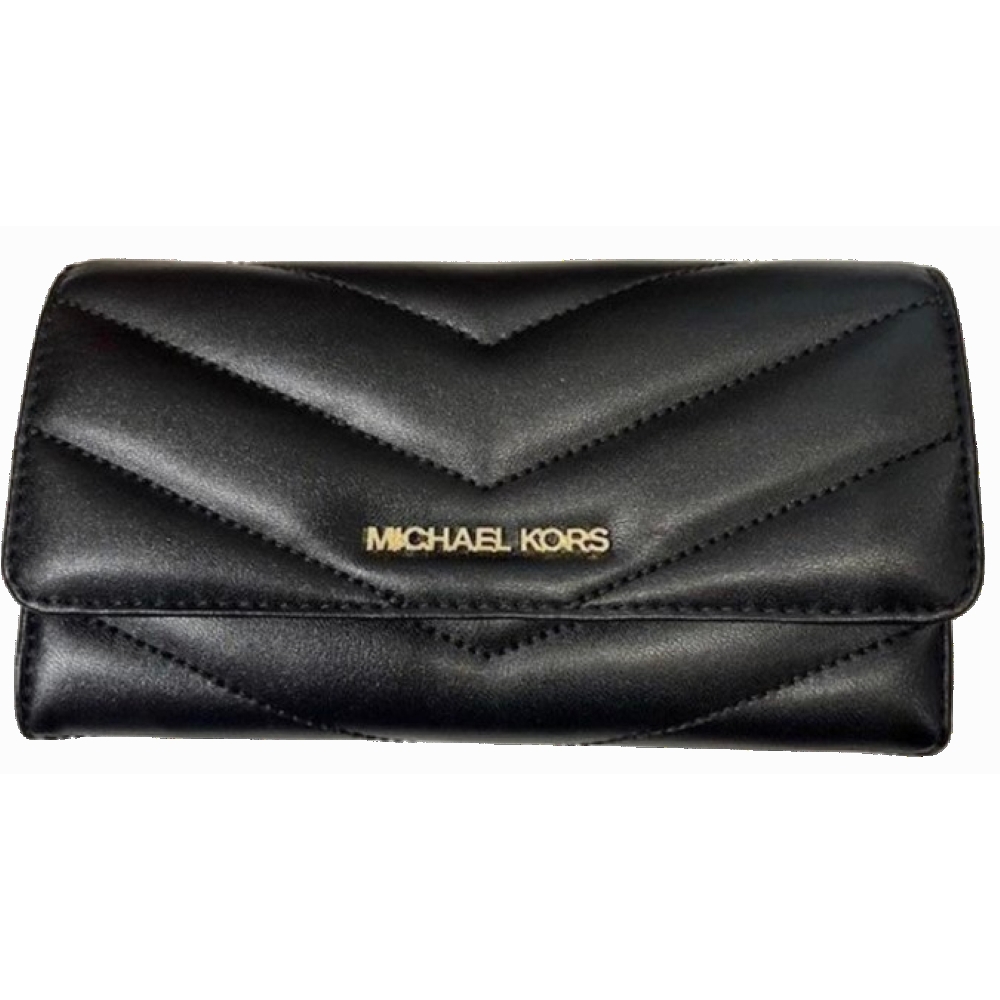 【Michael Kors】金標三形小香風 17卡釦式後拉鍊中長夾-優雅黑