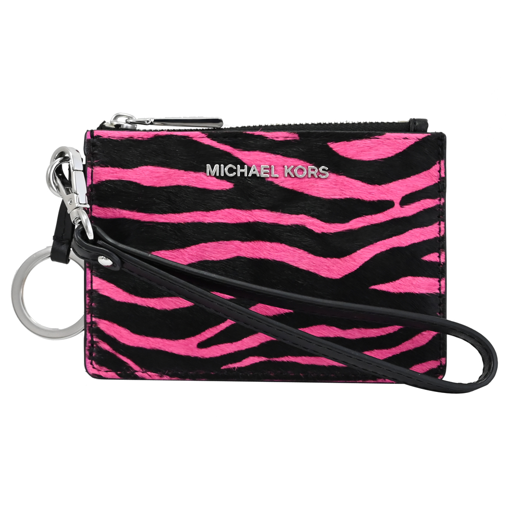 MICHAEL KORS JET SET 毛布皮革鑰匙卡片零錢包.黑/桃
