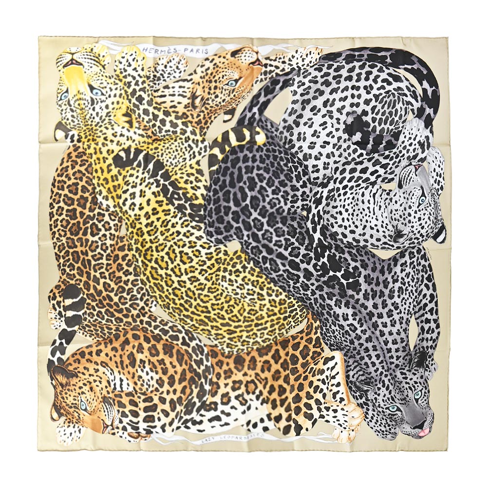 Hermes 愛馬仕Lazy Leopardesses 90 慵懶豹真絲方巾(米)