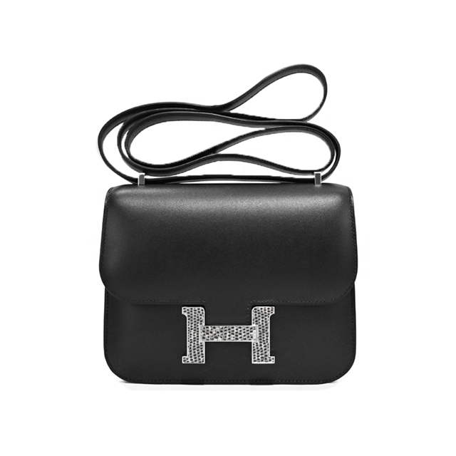 Hermes Constance 18CM AA蜥蜴紋路Ｈ釦Y刻牛皮斜揹包(黑/銀釦)
