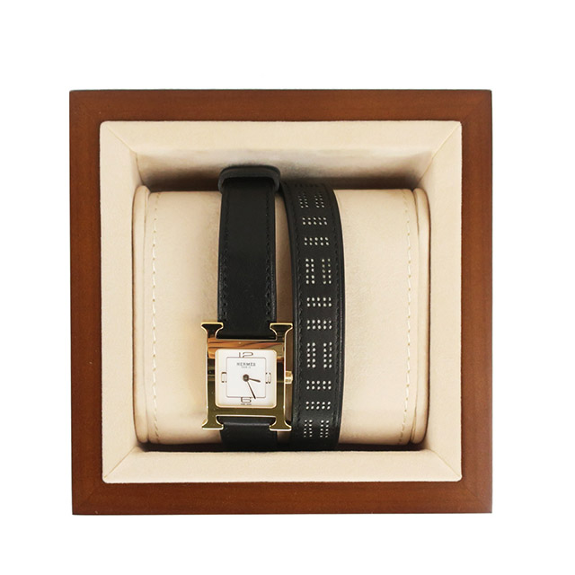 HERMES H-our系列金框羊皮革女仕環繞腕錶(黑金/21mm)