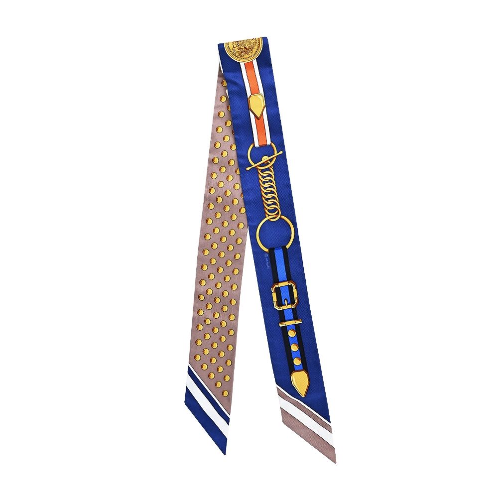 Hermes 愛馬仕 Grand Tralala 釦環&點點Twilly 絲巾(藍X栗子)