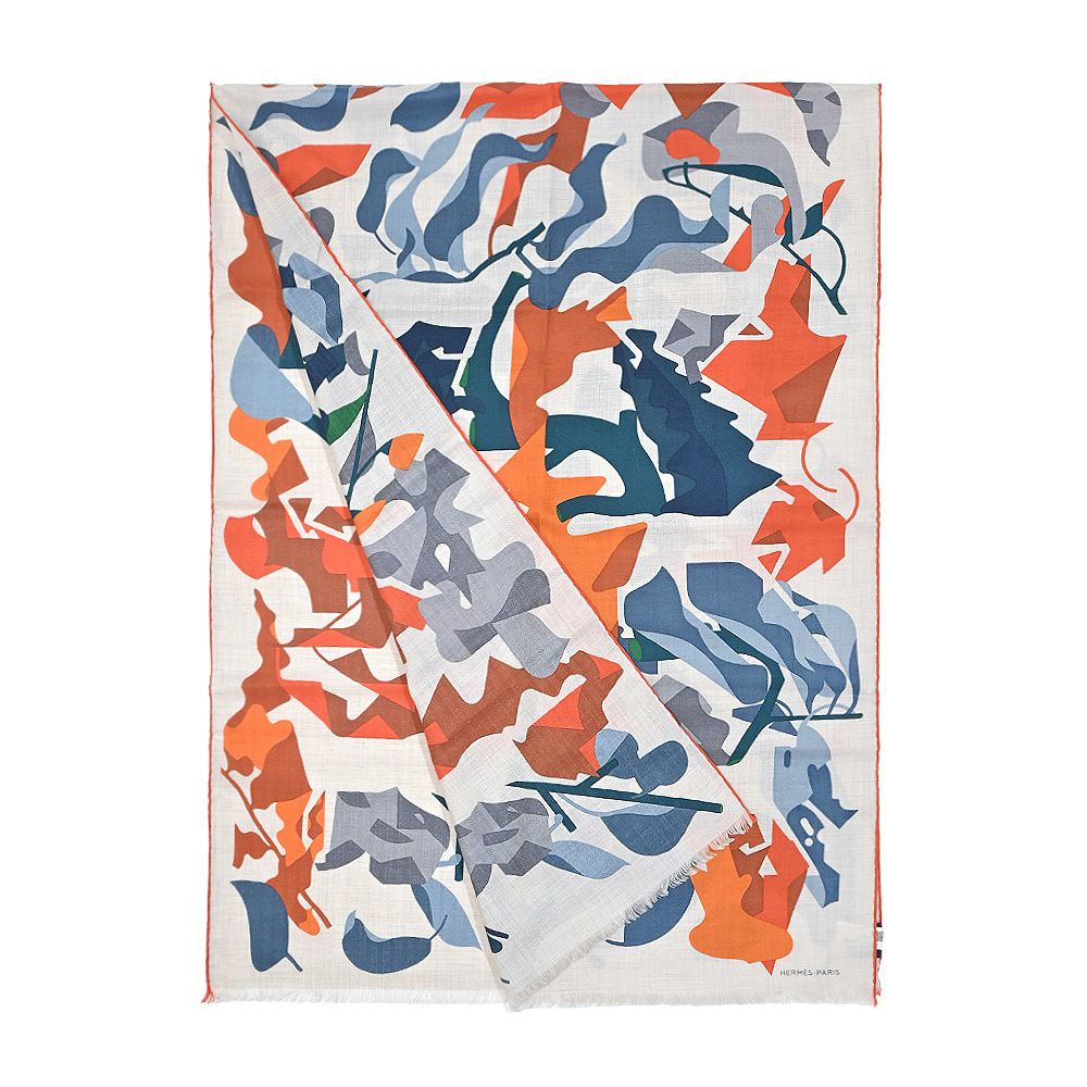 Hermes 愛馬仕 Puzzle Vegetal 手工捲邊喀什米爾與真絲混紡圍巾(藍/橙)